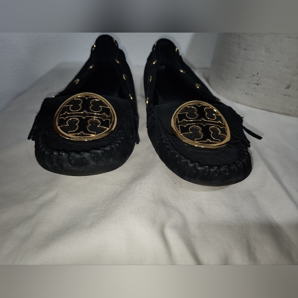 Tory Burch Alexandra Black Suede Leather Logo Driving Moccasin Slipper Sz 7.5 M - Picture 4 of 12